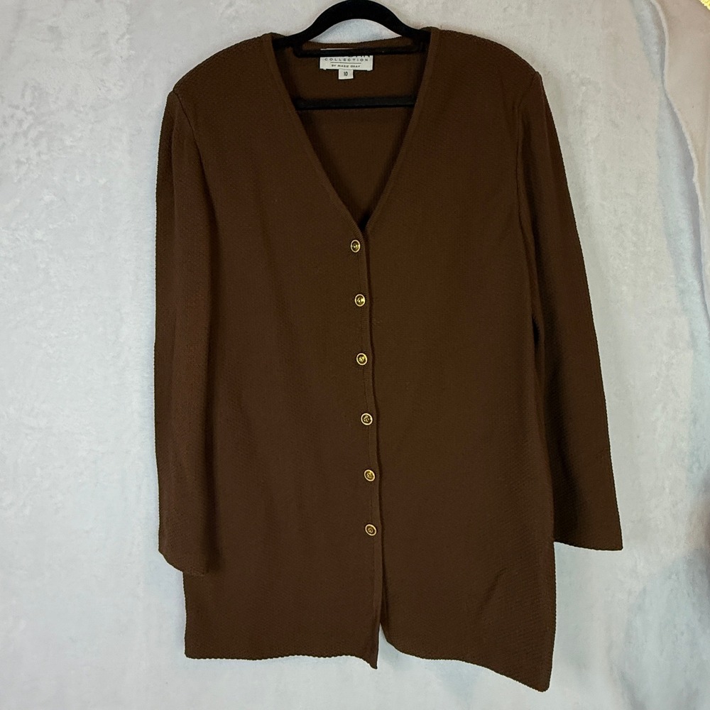 Vintage St John Collection Marie Gray Cardigan Size 10 Brown Gold Buttons USA